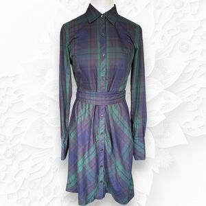 Brooks Brothers Navy And Green Tartan Button Front Belted Midi Shirt Size 6P